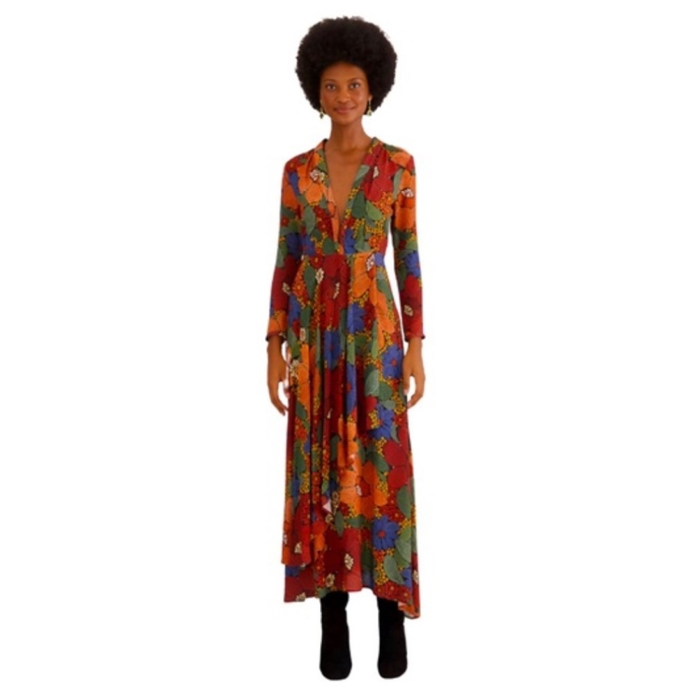Farm Rio Black Stitched Flowers V Neck Maxi Dress